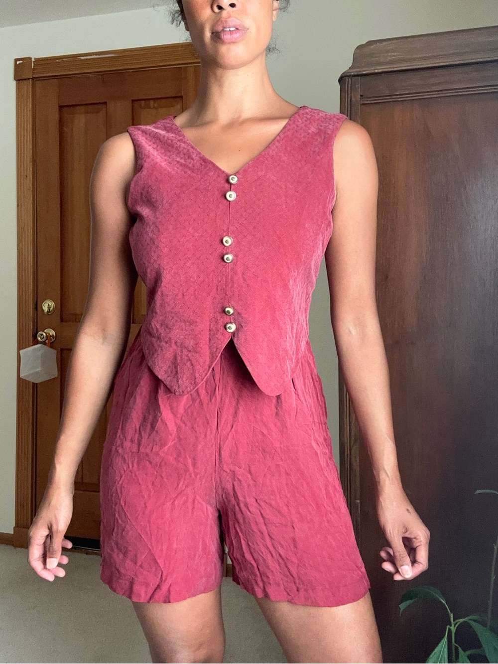 Sleeveless V-Neck Button Romper in Dusty Rose